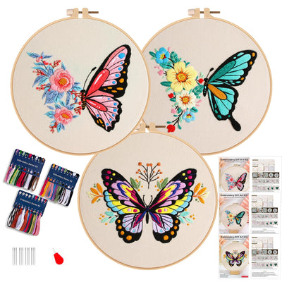Kit de broderie papillon 3 pièces pour débutants, kits de broderie à la main pour adultes avec cerceau, projet artistique DIY