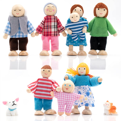 Maison de Poupée en Bois Poupées Famille Sertie de Figurines de Maison de Poupée pour Chat et Chien pour Faire Semblant d'Accessoires de Maison de Poupée Cadeau