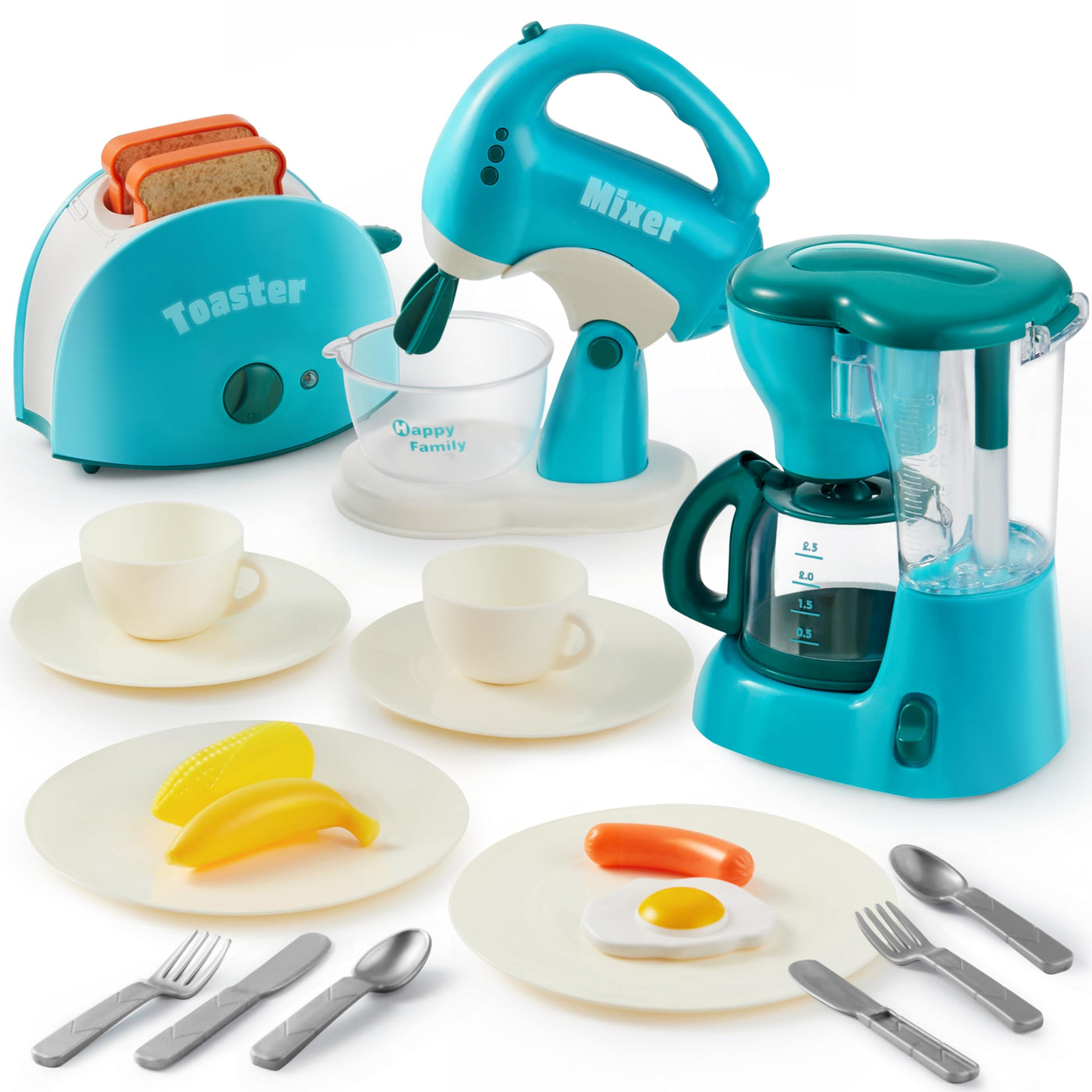 Play kitchen accessory set for children, pretend kitchen toy, coffee maker, blender, toaster with realistic lights & sounds