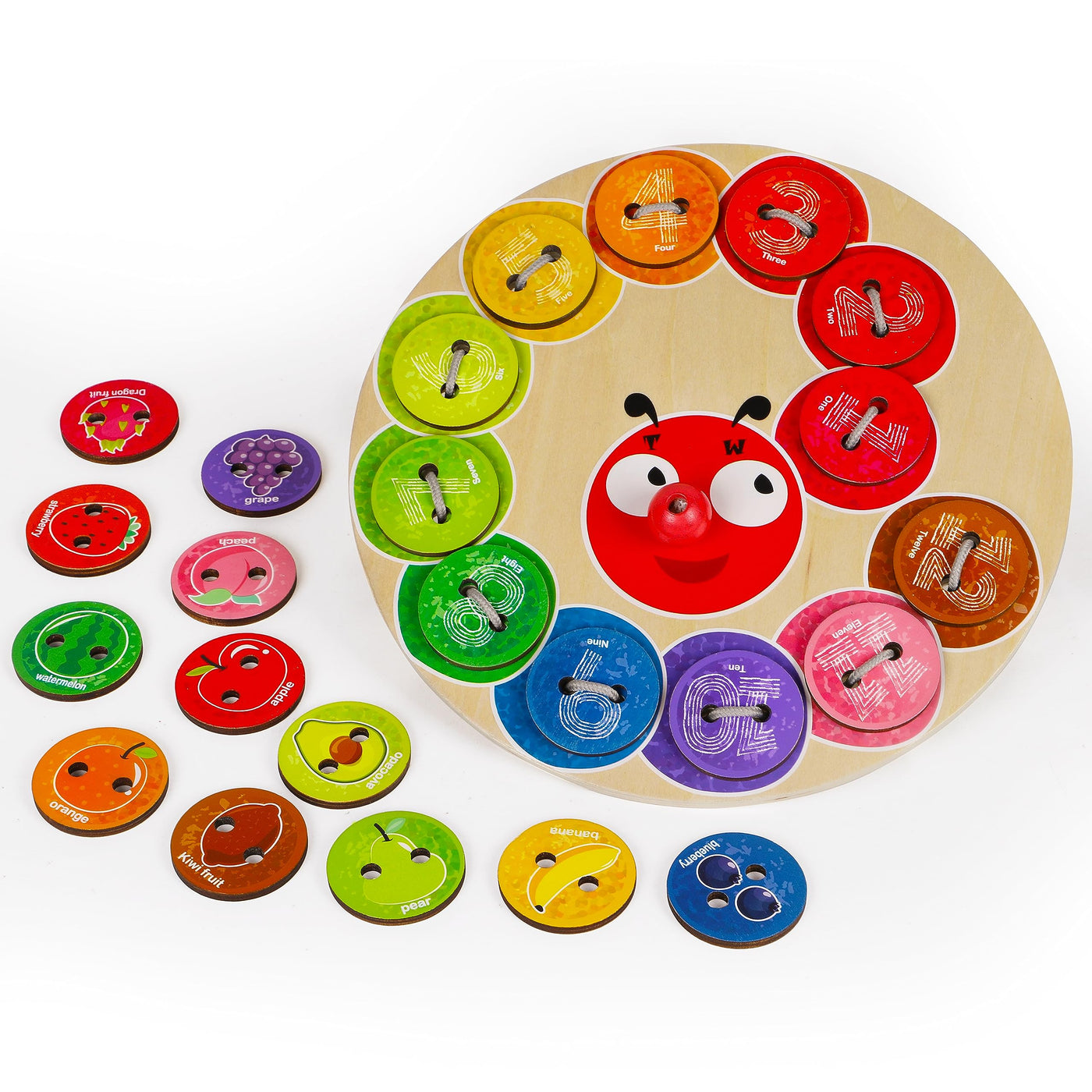 Caterpillar threading toy made of wood Clothes and buttons, educational learning at preschool age - shoelaces, color counting, sorting, travel game