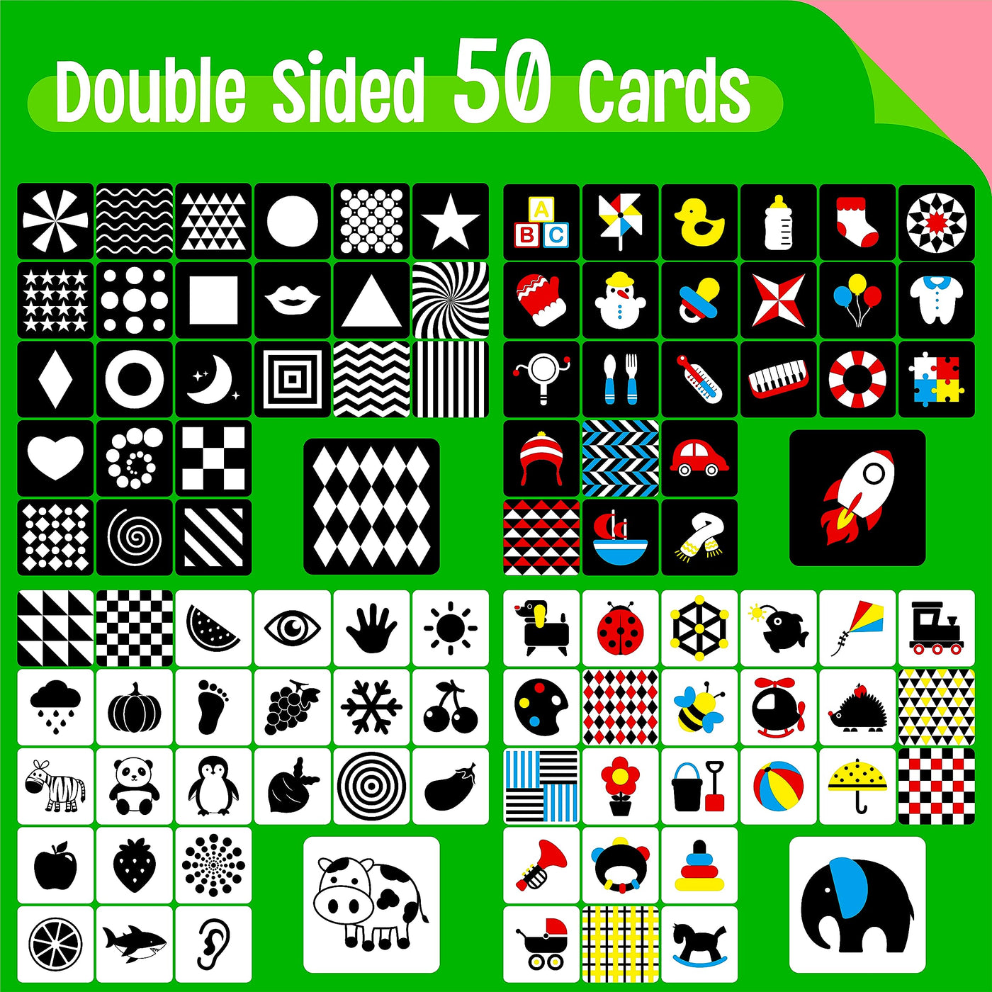 100 pages Sunte Carte Flash de Stimulation Visuelle pour Bébé, 50 Pièces Cartes Flash pour Bébé à Contraste Élevé Jouet Sensoriel