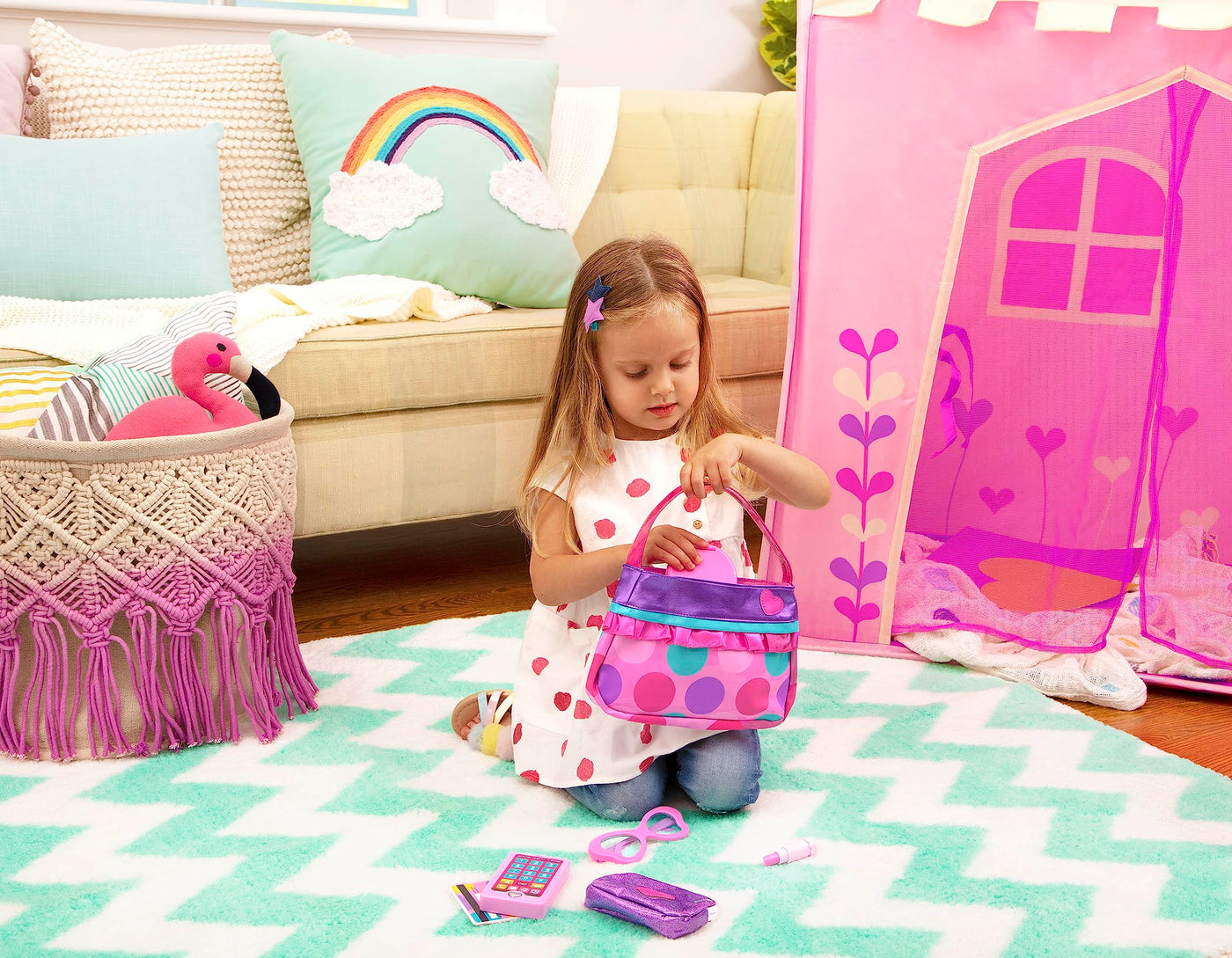 Princess Bag for Kids, 8 Piece Toy Bag with Toy Make-Up, Wallet, Mobile Phone, Keys and More for Kids From 3 Years of Age
