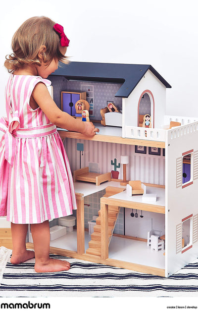 Holzpuppenhaus 3 Ebenen mit Möbeln,Accessoires - Skandinavisches Puppenhaus ab 3 Jahren - Puppenhaus mit Balkon, Holzmöbeln, Zimmer