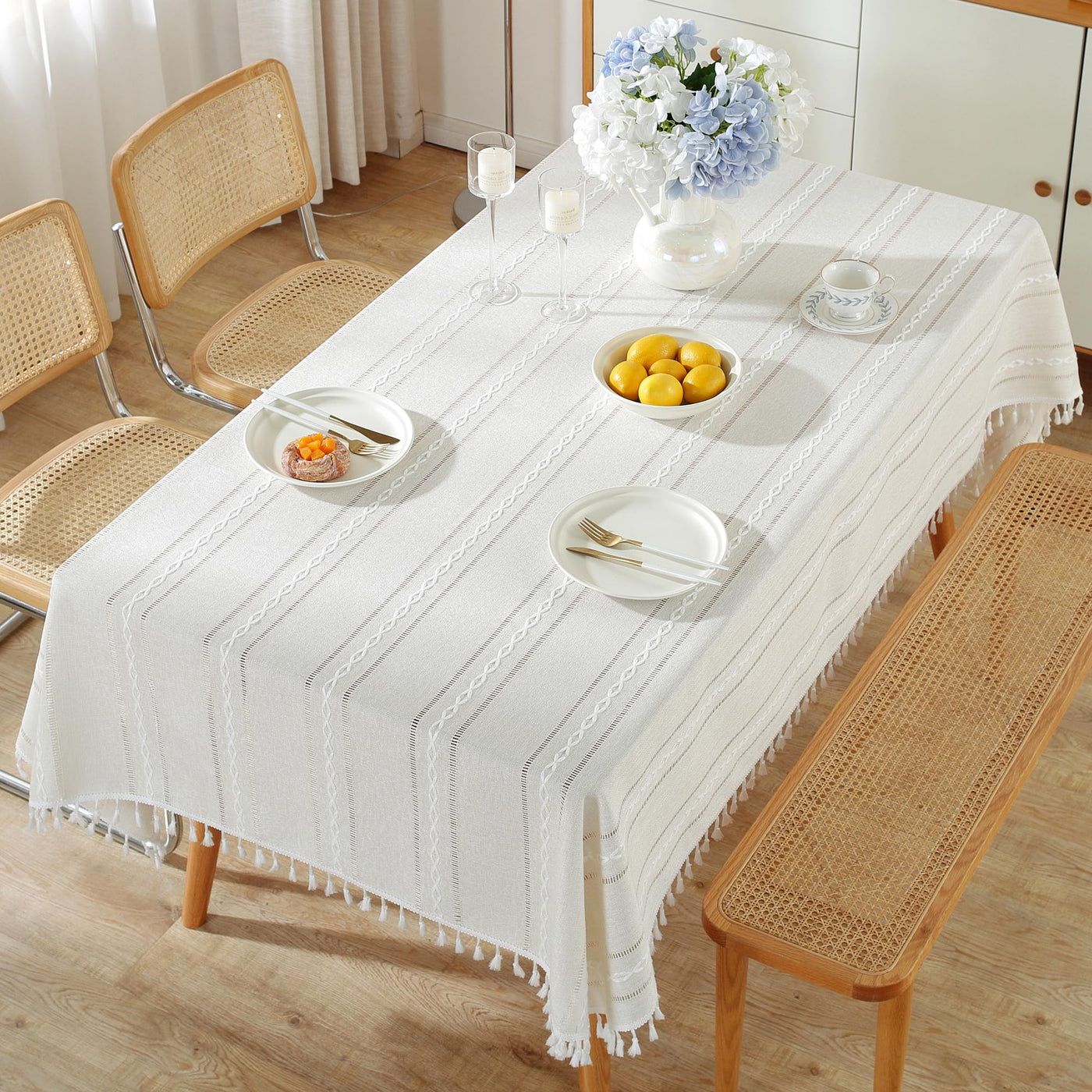 Tablecloth Rectangular Cotton Linen Tablecloth Washable Antifouling Tassel Design for Kitchen, Dining Room, Picnic, Outdoor, Garden