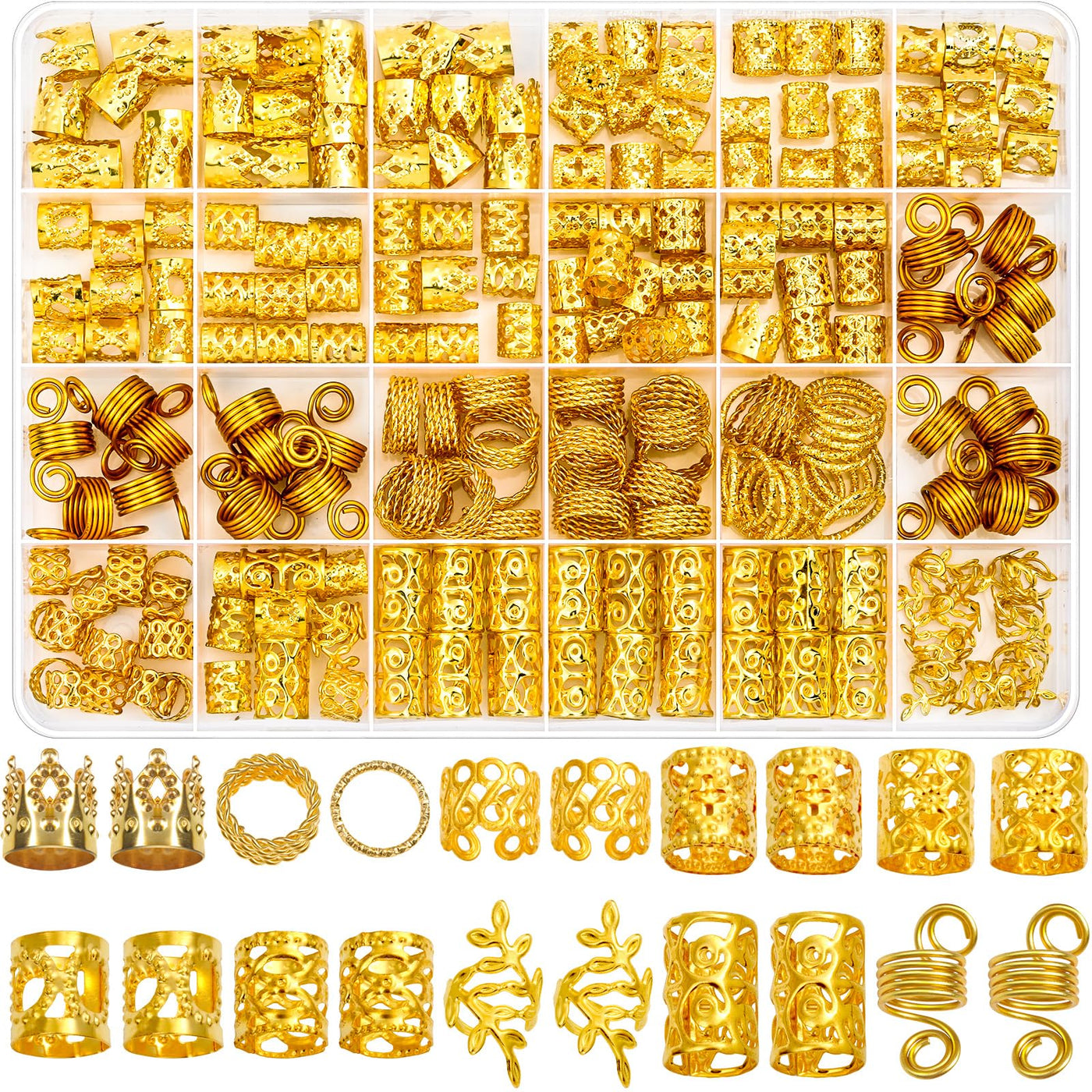 220 Pièces Accessoires pour Cheveux en Or pour Tresses, Bijoux Loc pour Cheveux Dreadlock Breloques pour Cheveux pour Femmes, Tresses en Métal Doré, Bagues, Pinces de Manchette pour Accessoires Dreadlock, Tresses pour Cheveux