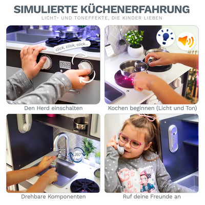 Grande Cuisine Ludique en Bois – Cuisine Grise pour enfants avec Son et Lumière, Cuisine Ludique de 83 à 97 cm de hauteur jusqu'au plan de travail de 46 à 60 cm