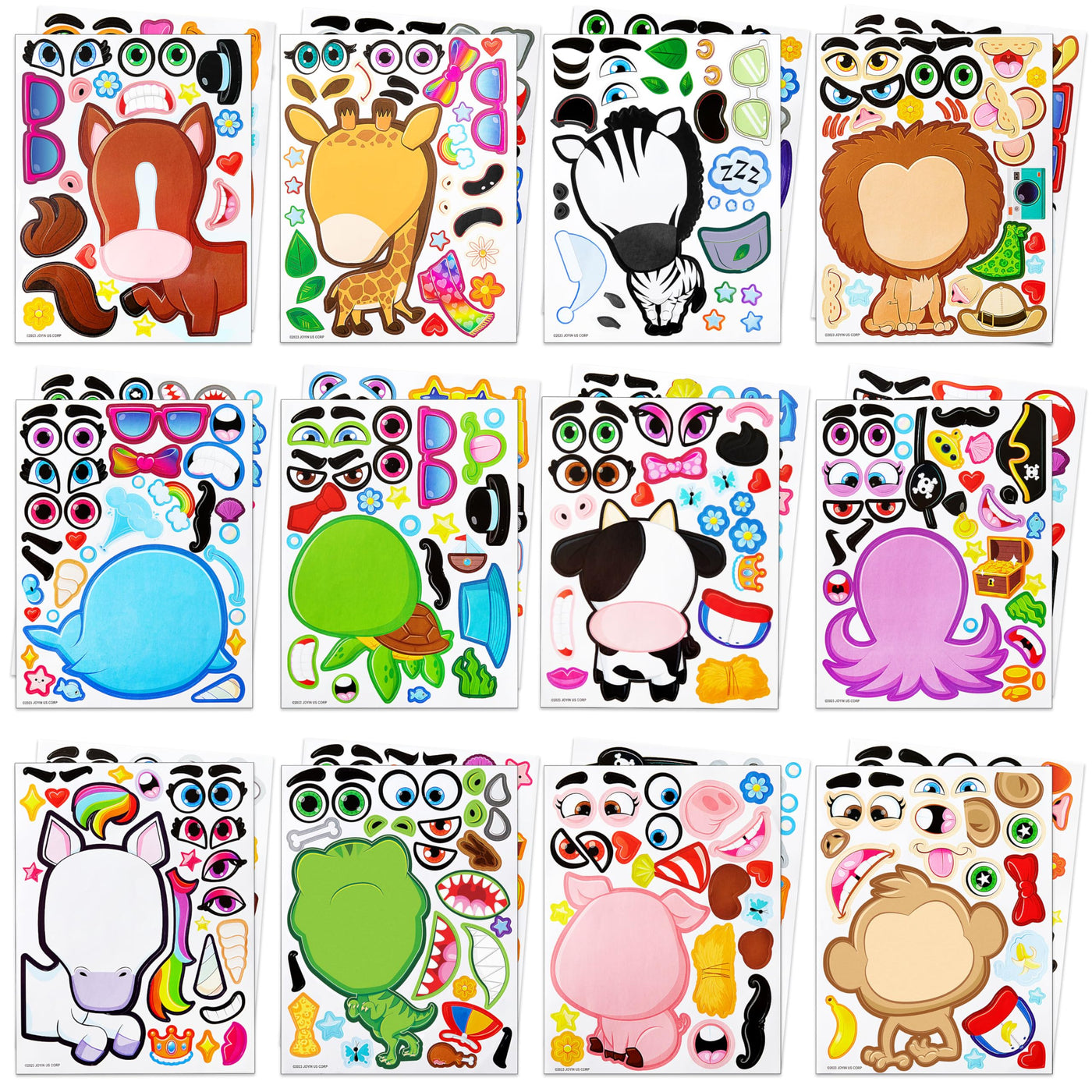 Make-a-face sticker sheets to make your own animals, mix and match sticker sheets