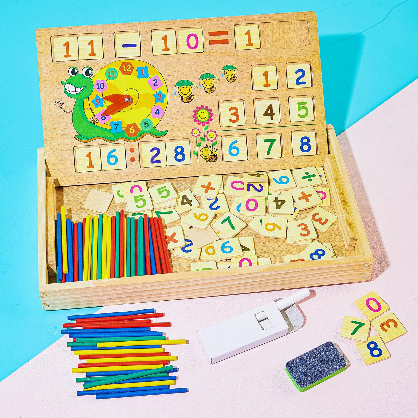 Math toy,Multifunction wooden learning box with multifunctions: Learn numbers with arithmetic sticks, drawing, get to know the clock