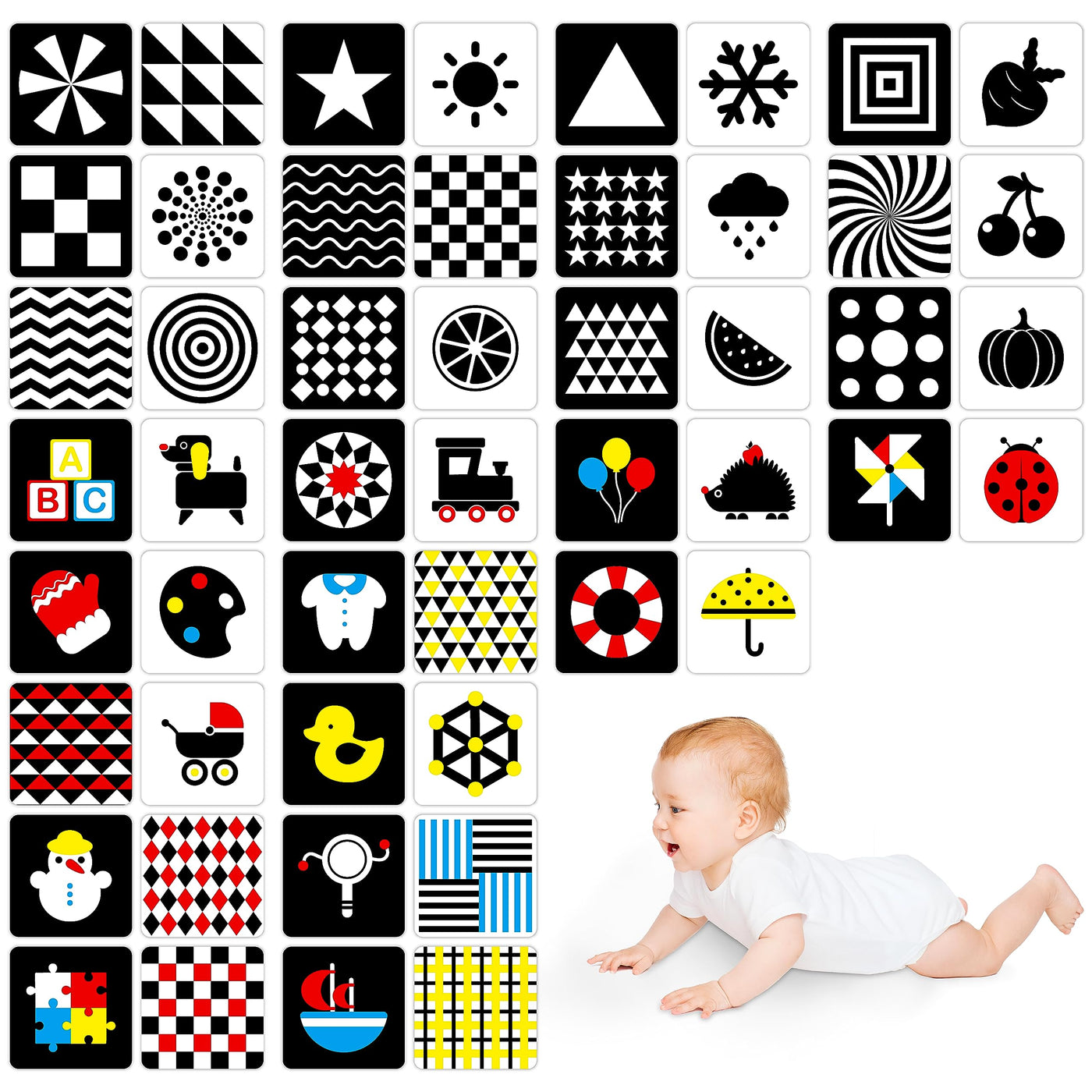 50 pages de cartes photo de stimulation visuelle pour bébé, 25 cartes flash colorées à fort contraste pour bébé, jouet sensoriel pour les nouveau-nés