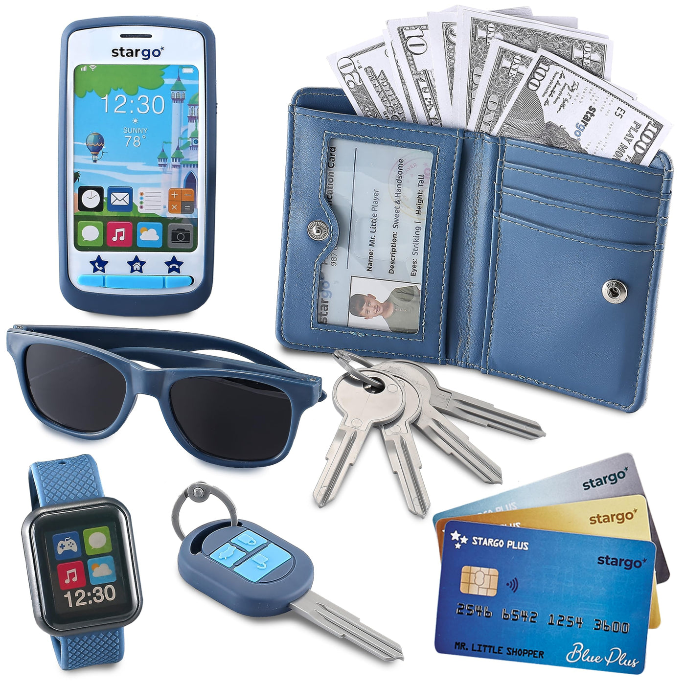 Portefeuille de Jeu pour Garçons avec Argent et Jeu de Rôle Jouet Clés de Téléphone Portable Lunettes de Soleil Sac à Main pour Tout-petits pour Enfants