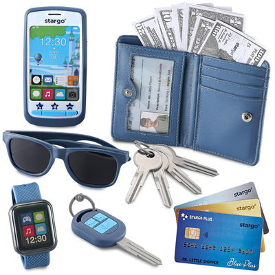 Portefeuille de Jeu pour Garçons avec Argent et Jeu de Rôle Jouet Clés de Téléphone Portable Lunettes de Soleil Sac à Main pour Tout-petits pour Enfants