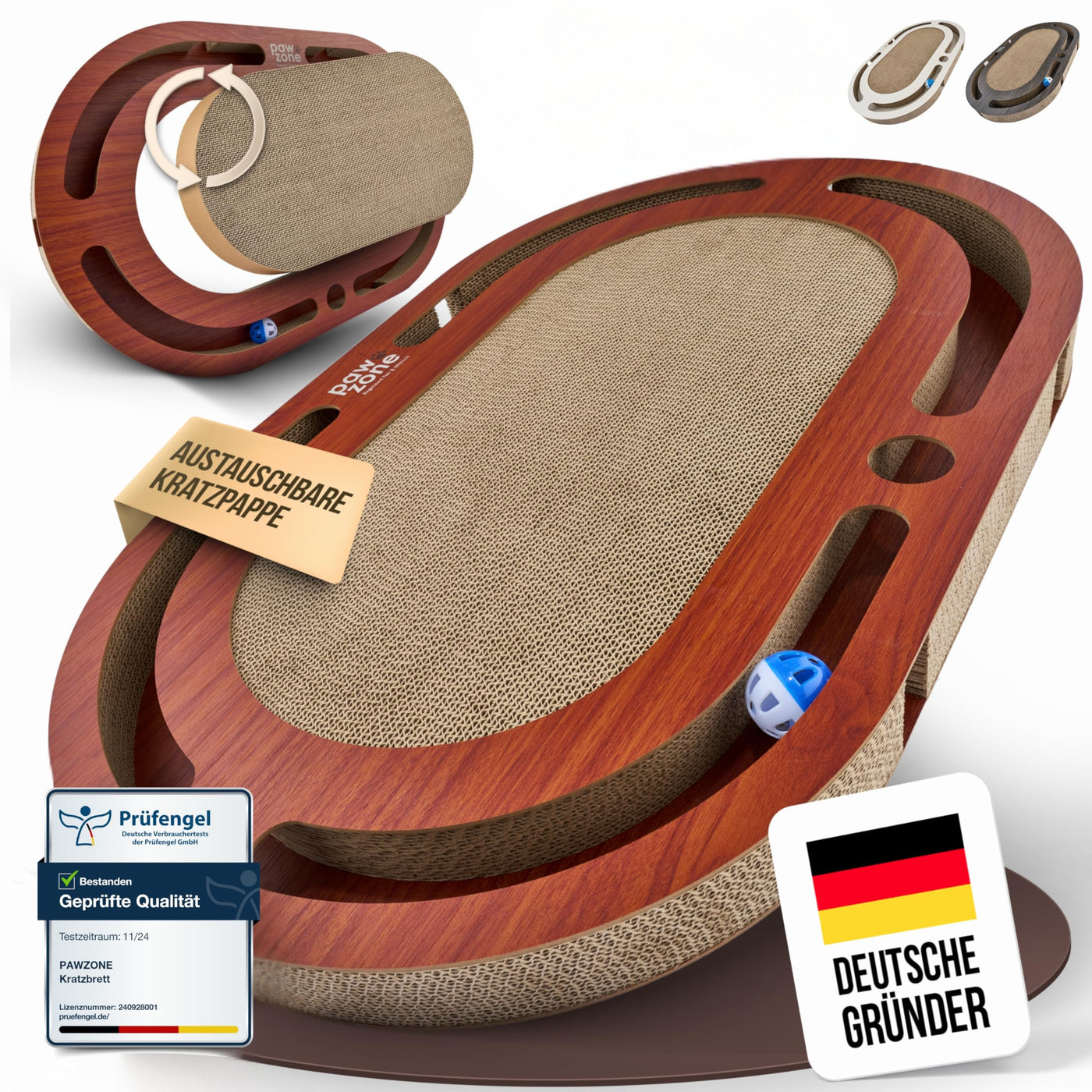 Planche à gratter - Peut être utilisée des Deux Côtés + Carton Interchangeable - Comprend un jouet pour Chat-Carton à gratter XXL de Haute Qualité en MDF Robuste-Tapis à gratter