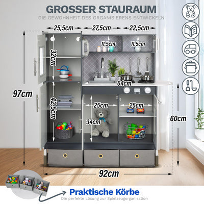 Grande Cuisine Ludique en Bois – Cuisine Grise pour enfants avec Son et Lumière, Cuisine Ludique de 83 à 97 cm de hauteur jusqu'au plan de travail de 46 à 60 cm
