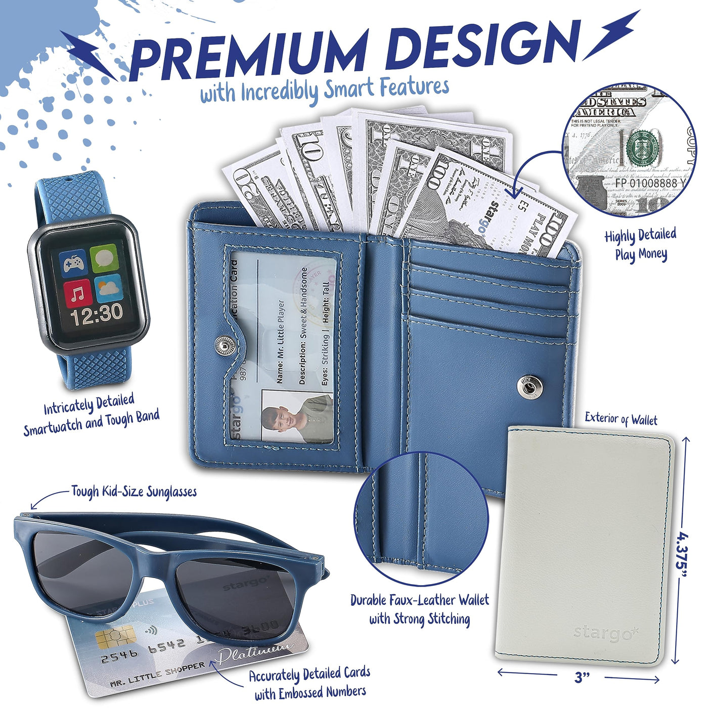 Portefeuille de Jeu pour Garçons avec Argent et Jeu de Rôle Jouet Clés de Téléphone Portable Lunettes de Soleil Sac à Main pour Tout-petits pour Enfants