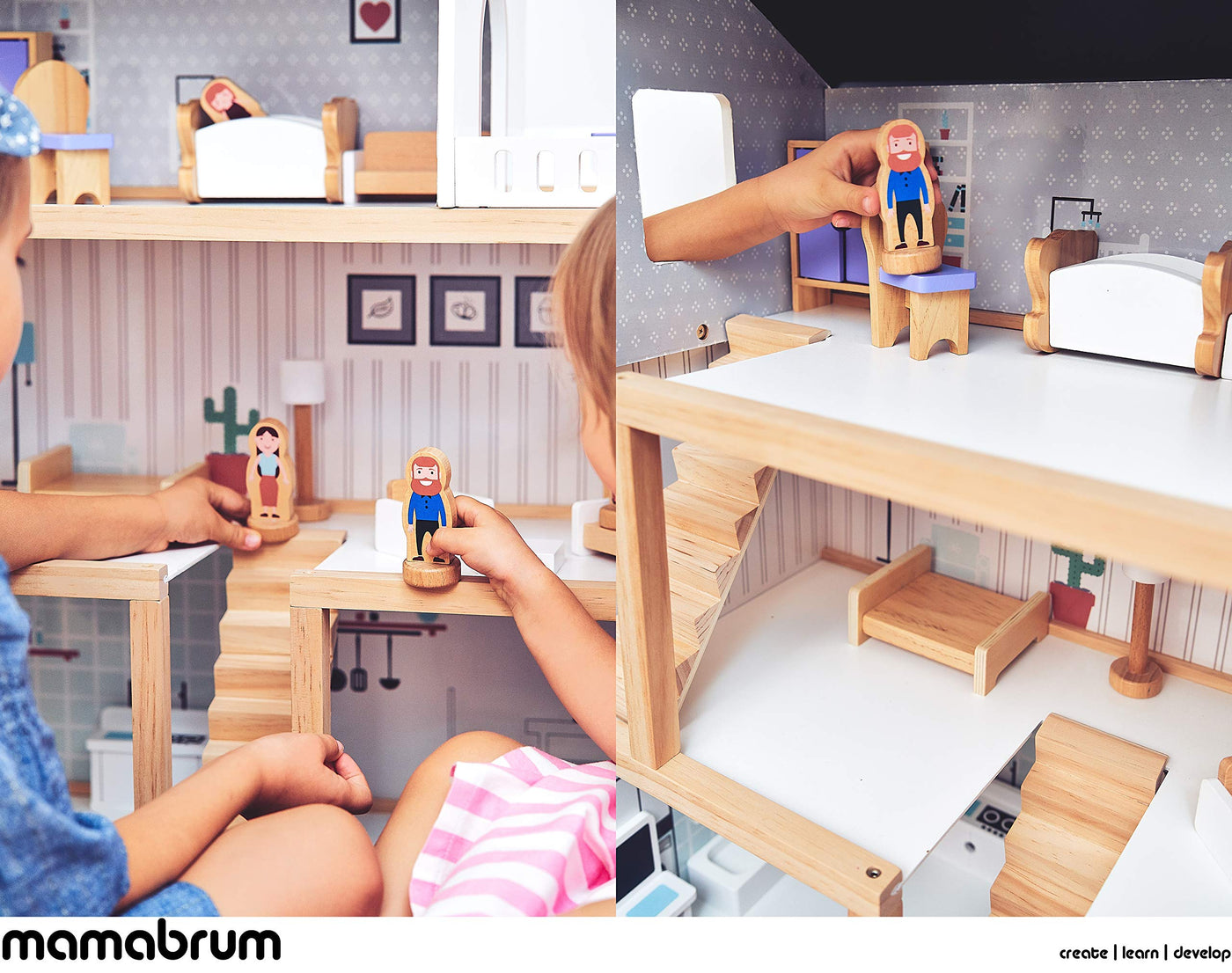 Holzpuppenhaus 3 Ebenen mit Möbeln,Accessoires - Skandinavisches Puppenhaus ab 3 Jahren - Puppenhaus mit Balkon, Holzmöbeln, Zimmer