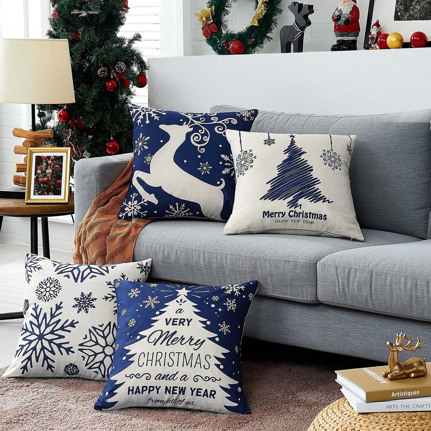 Christmas cushion cover set of 4 linen look cushion covers