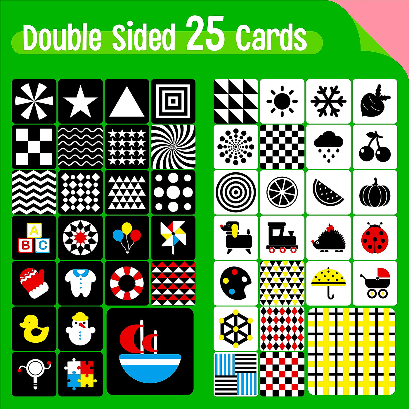 50 pages de cartes photo de stimulation visuelle pour bébé, 25 cartes flash colorées à fort contraste pour bébé, jouet sensoriel pour les nouveau-nés
