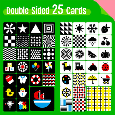 50 pages de cartes photo de stimulation visuelle pour bébé, 25 cartes flash colorées à fort contraste pour bébé, jouet sensoriel pour les nouveau-nés