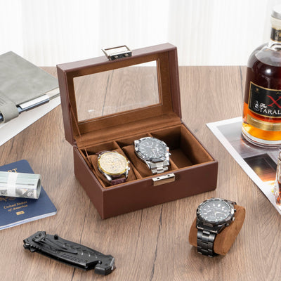 Boîte à montres avec 3 compartiments, boîte à montres avec couvercle en verre, boîte à montres avec coussin pour montres