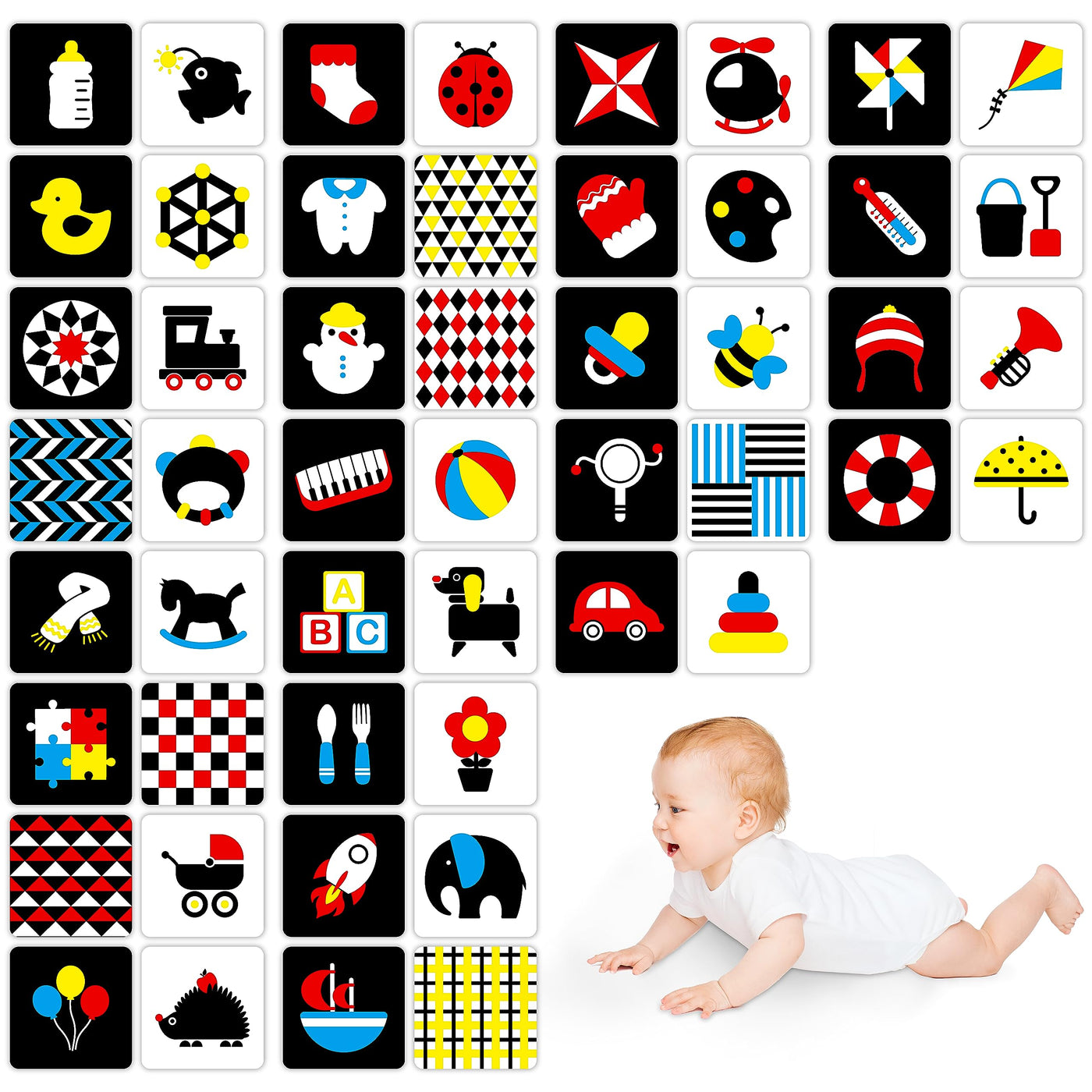 50 pages de cartes de stimulation visuelle colorées pour bébés, 25 pièces de cartes à code couleur très contrasté