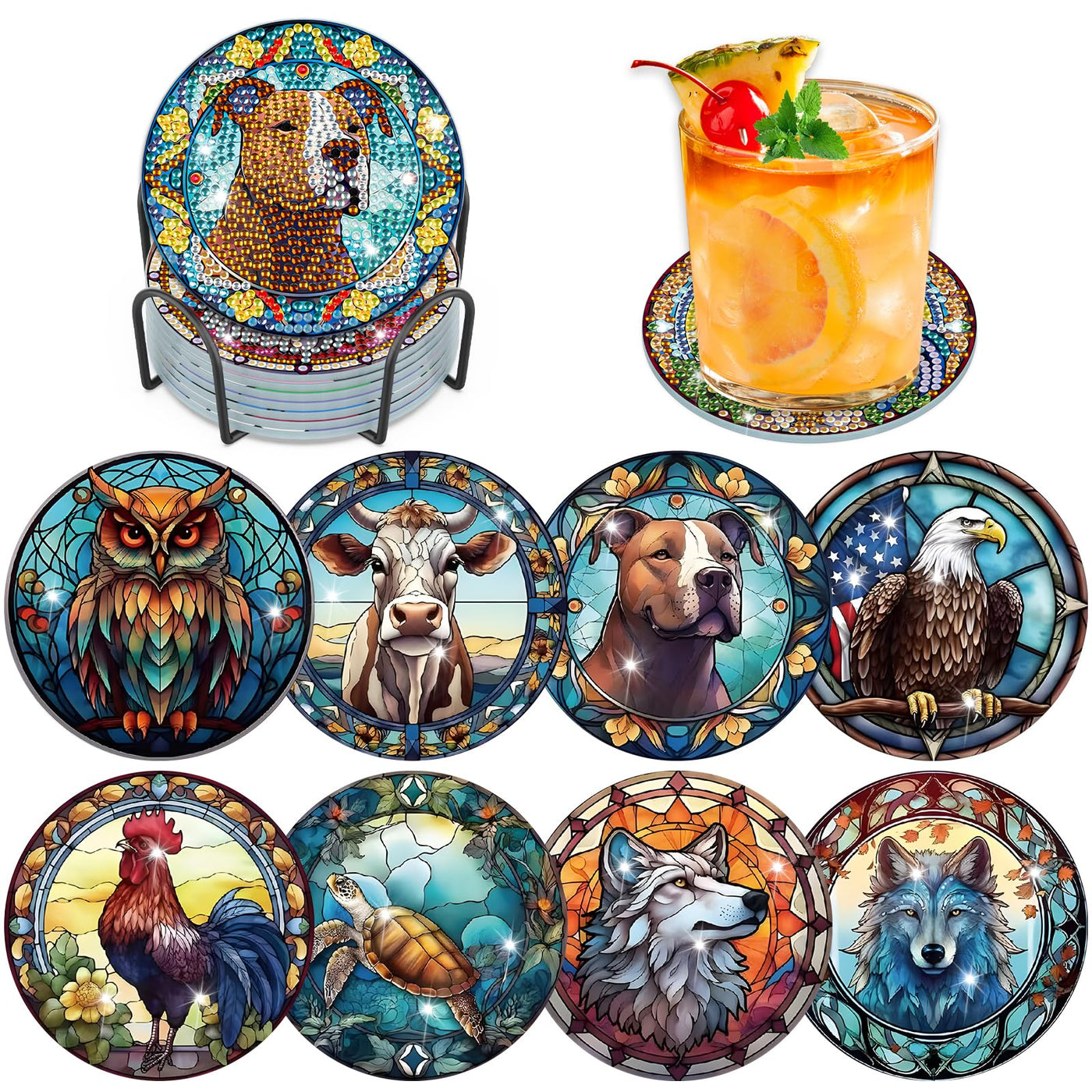 8 PCS Diamond Painting Coasters with Holder