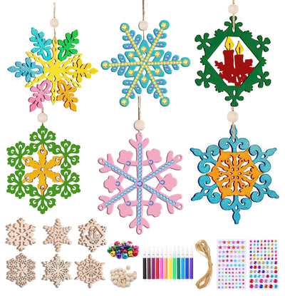 Christmas decoration wood DIY handicrafts, Christmas tree decoration for children, snowflakes Christmas tree decoration gift tag with jute rope