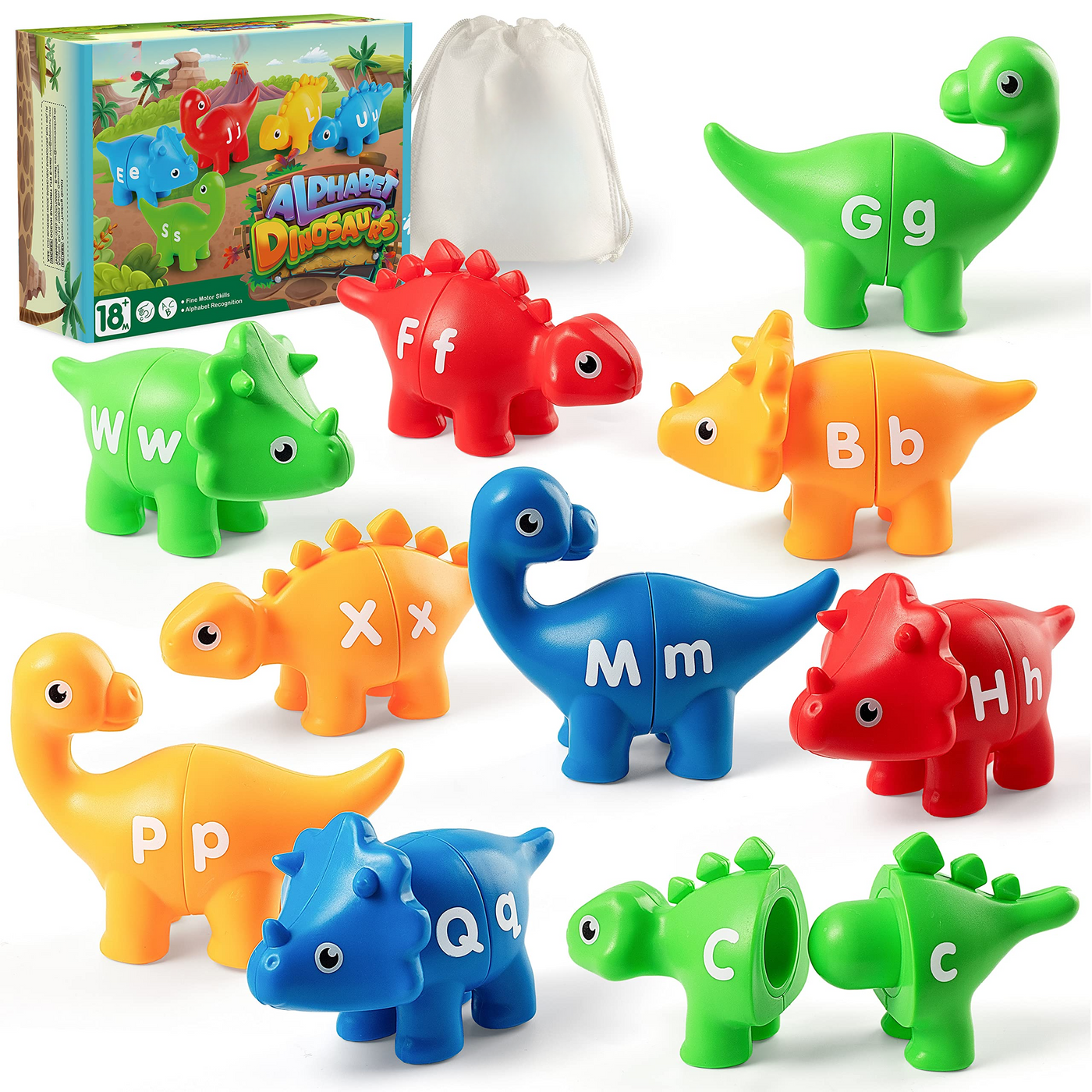 Jeu d'association de lettres pour la motricité fine, 26 PCS Double-Sided ABC Dinosaur Alphabet Game with Uppercase Lowercase Letters (jeu d'alphabet pour dinosaures avec lettres majuscules et minuscules)