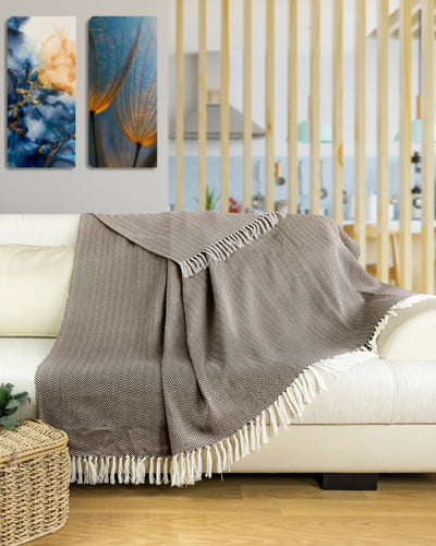 Premium bedspread with fringes - cotton blanket as bed throw, couch throw