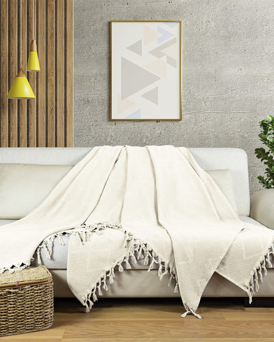 Premium bedspread with hand-knotted fringes - 100% cotton - waffle pique summer blanket - cotton blanket as bed throw, couch throw & sofa blanket