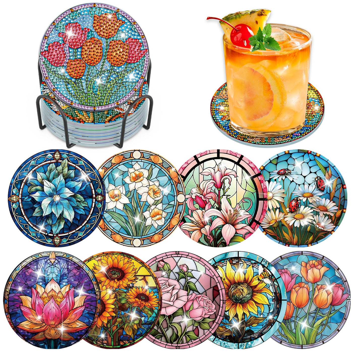 9 PCS Diamond Painting Coasters with Holder