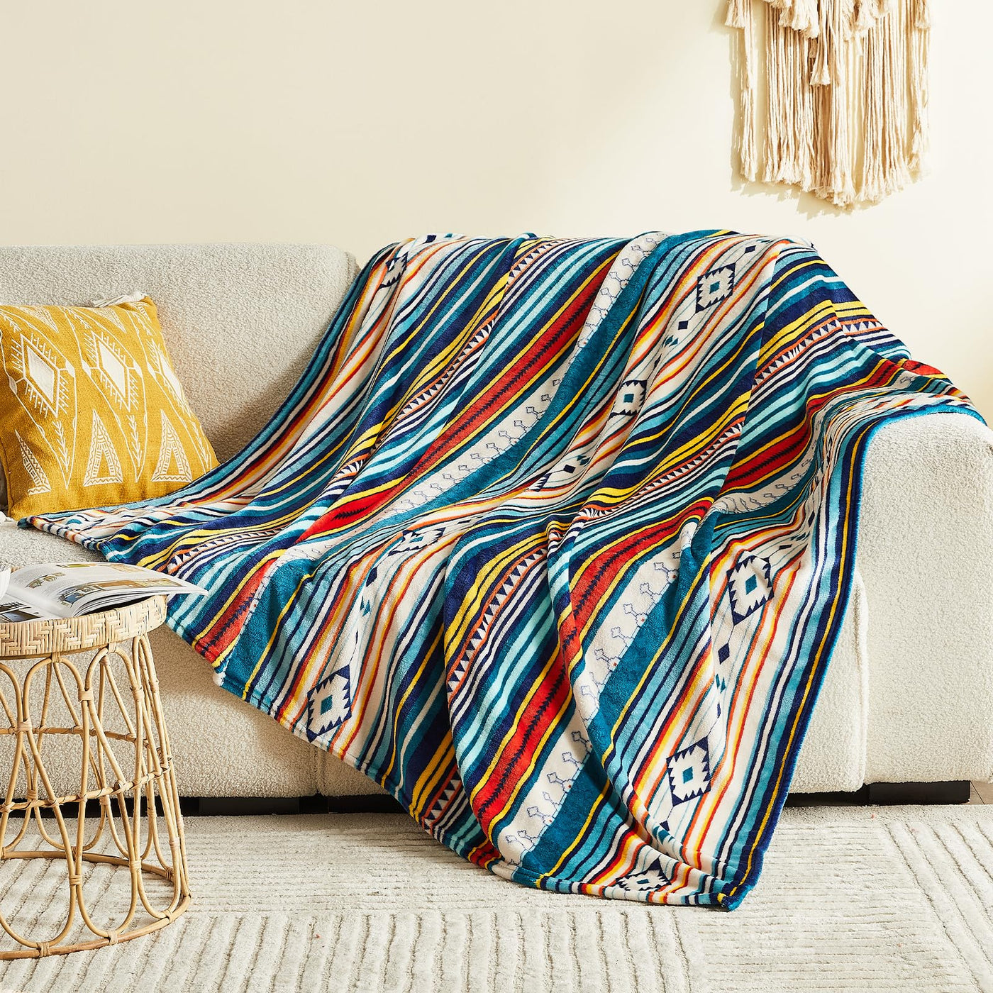 Couverture câline, couverture de maison Boho Blanket Motif Rayé Coloré