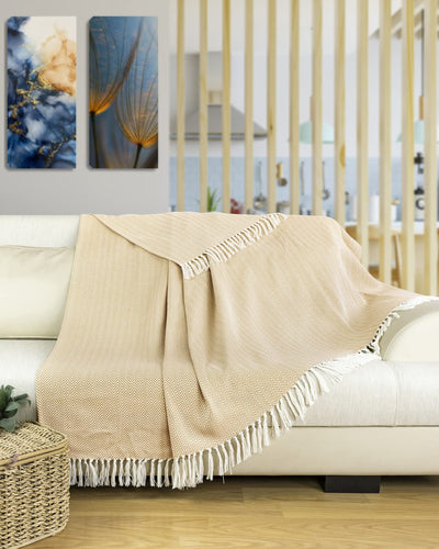 Premium bedspread with fringes - cotton blanket as bed throw, couch throw