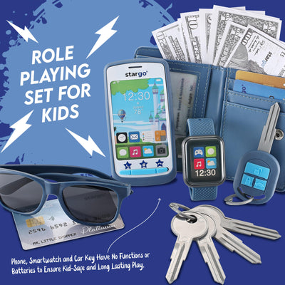 Portefeuille de Jeu pour Garçons avec Argent et Jeu de Rôle Jouet Clés de Téléphone Portable Lunettes de Soleil Sac à Main pour Tout-petits pour Enfants