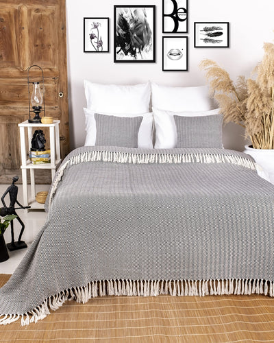 Premium bedspread with fringes - cotton blanket as bed throw, couch throw