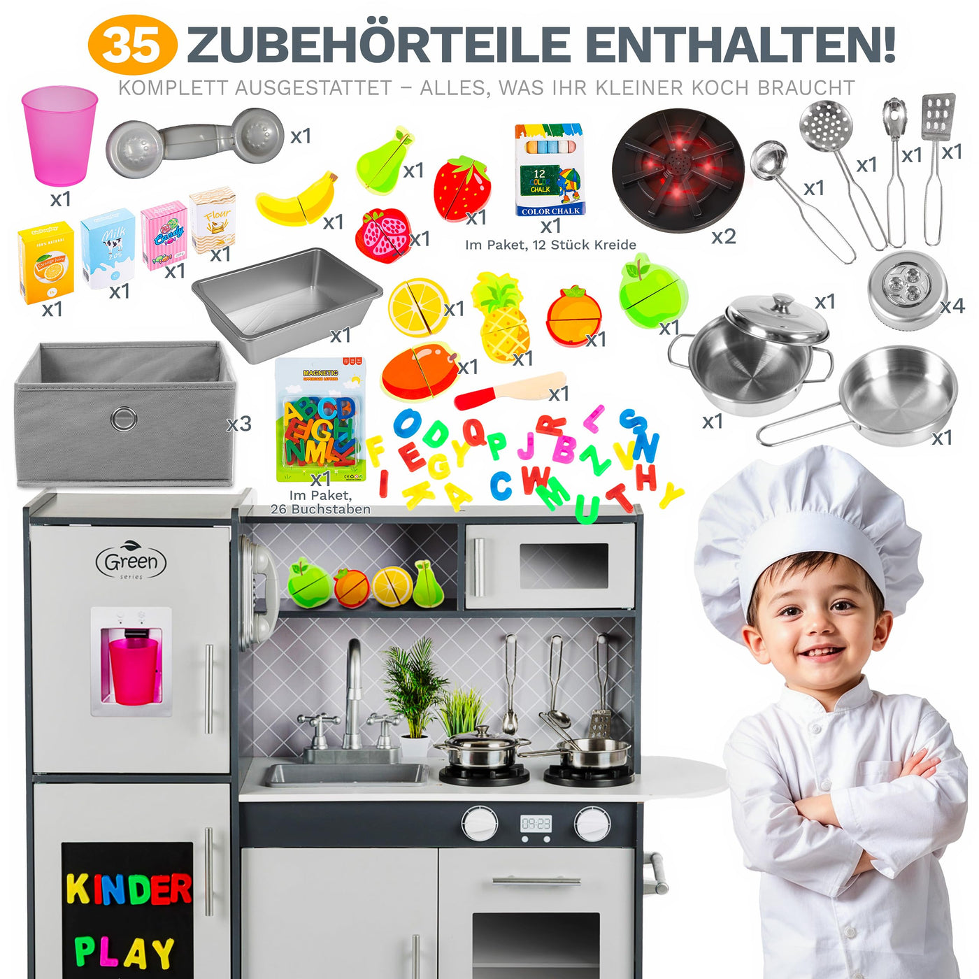 Grande Cuisine Ludique en Bois – Cuisine Grise pour enfants avec Son et Lumière, Cuisine Ludique de 83 à 97 cm de hauteur jusqu'au plan de travail de 46 à 60 cm