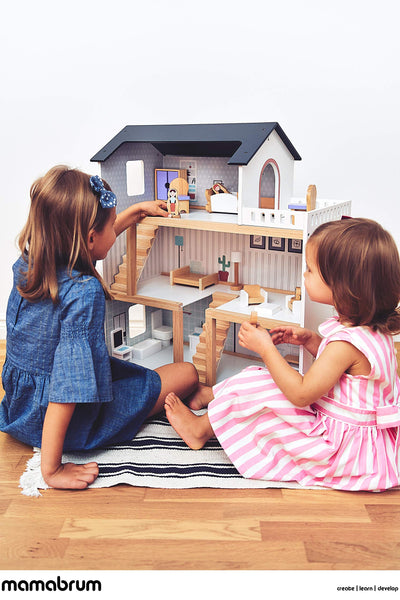 Holzpuppenhaus 3 Ebenen mit Möbeln,Accessoires - Skandinavisches Puppenhaus ab 3 Jahren - Puppenhaus mit Balkon, Holzmöbeln, Zimmer