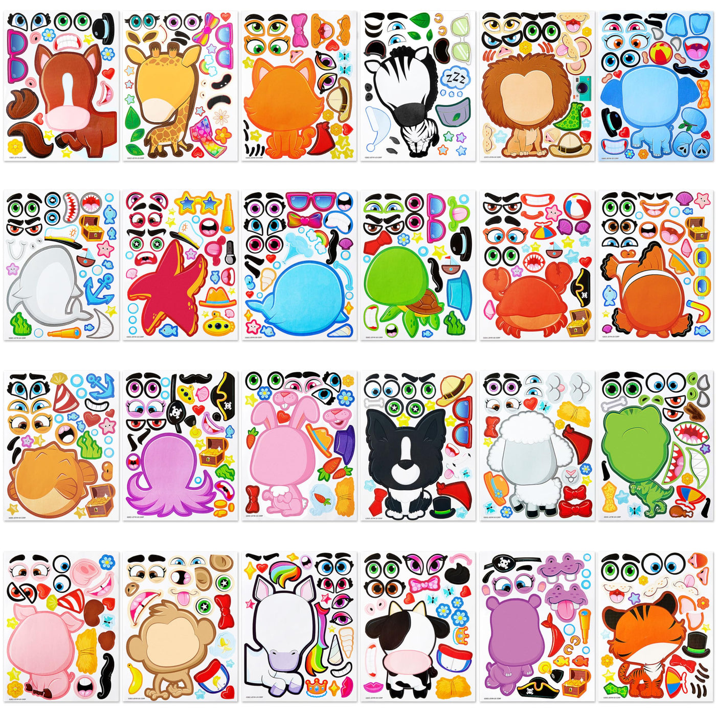 Make-a-face sticker sheets to make your own animals, mix and match sticker sheets