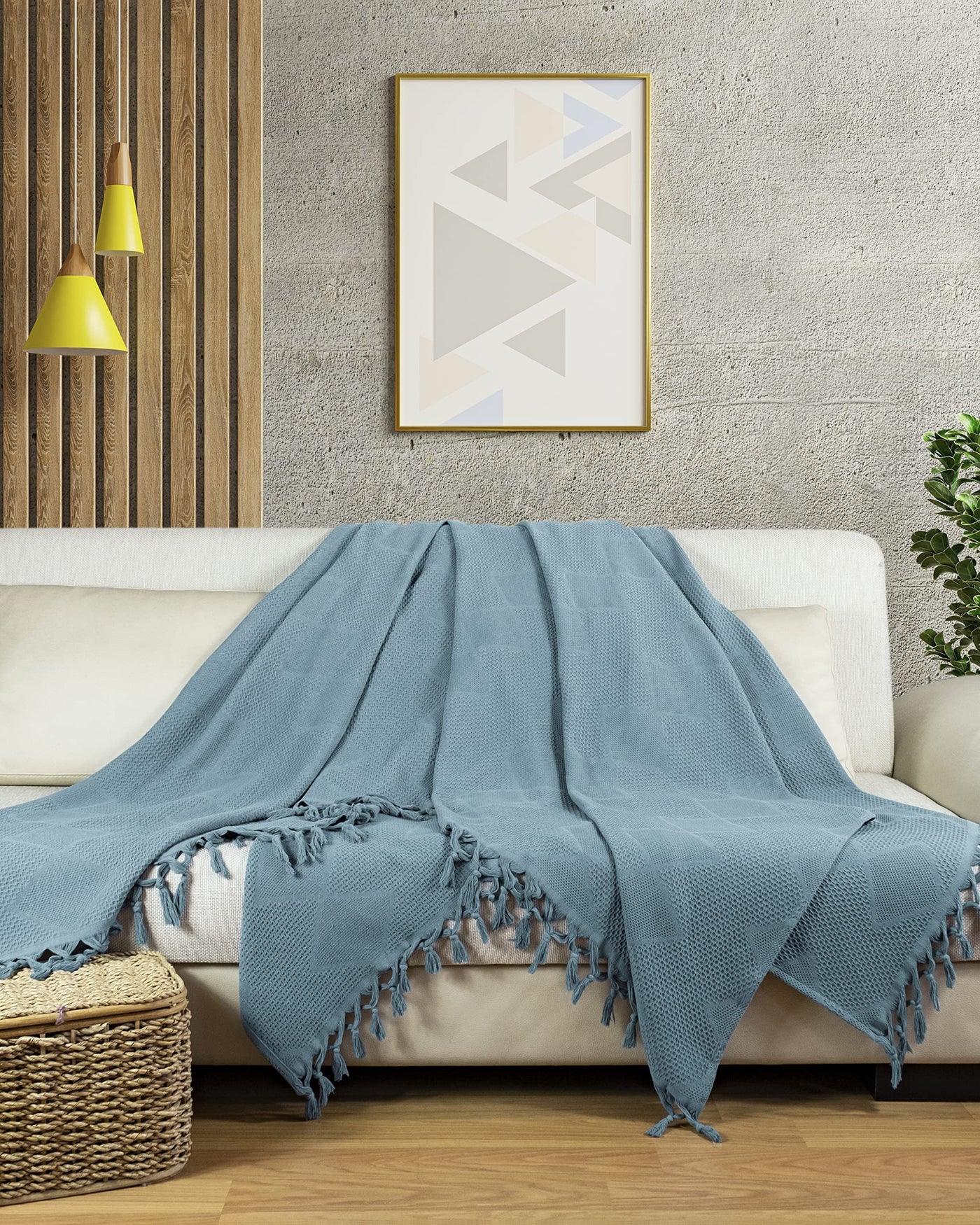 Premium bedspread with hand-knotted fringes - 100% cotton - waffle pique summer blanket - cotton blanket as bed throw, couch throw & sofa blanket