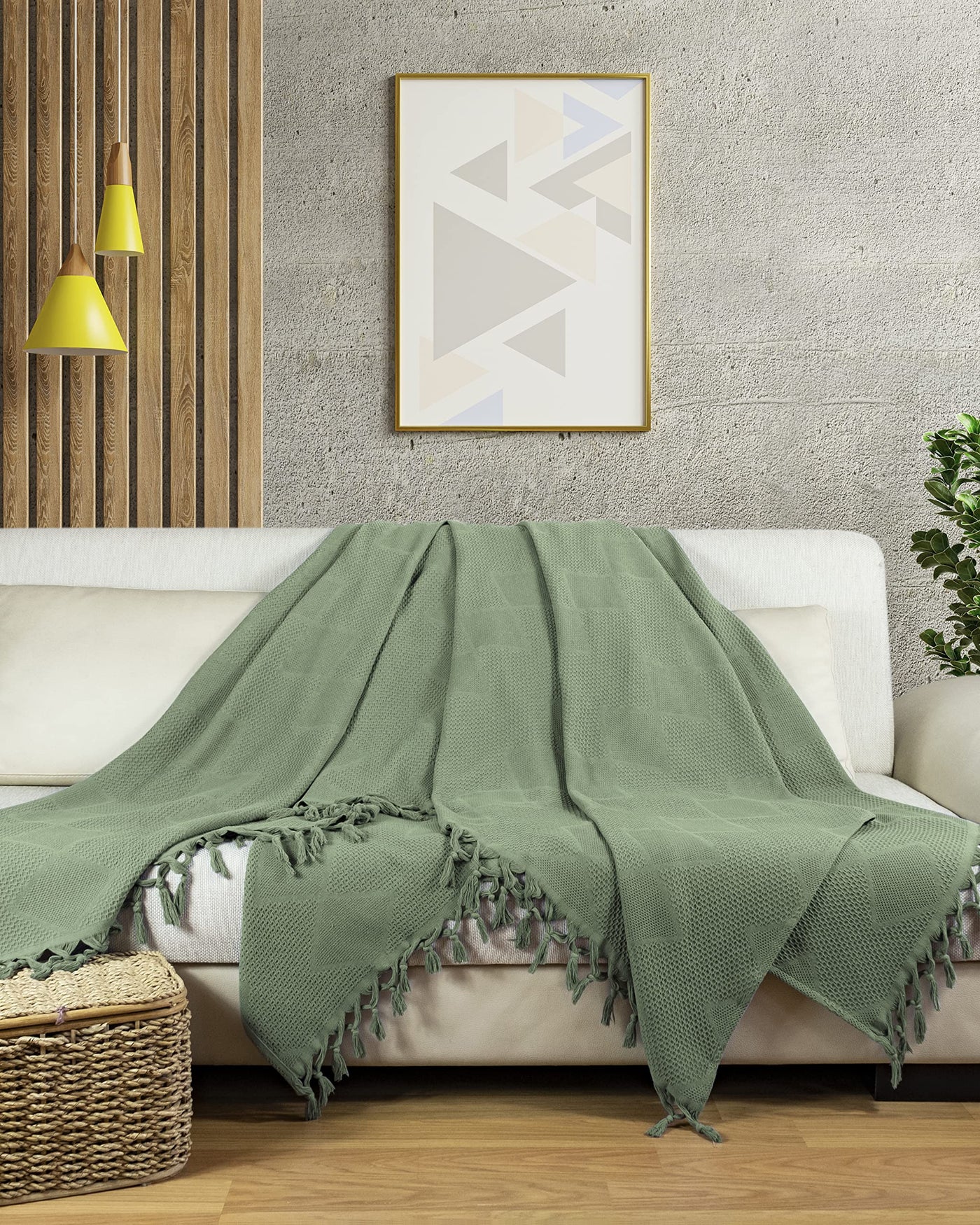 Premium bedspread with hand-knotted fringes - 100% cotton - waffle pique summer blanket - cotton blanket as bed throw, couch throw & sofa blanket