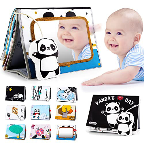 Baby fabric books with mirror, panda with high contrast in black and white