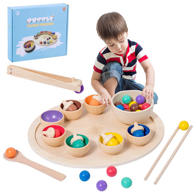 Baby motor skills toy wooden sorting, rainbow wooden balls in cups, baby toy for preschool for color sorting and counting