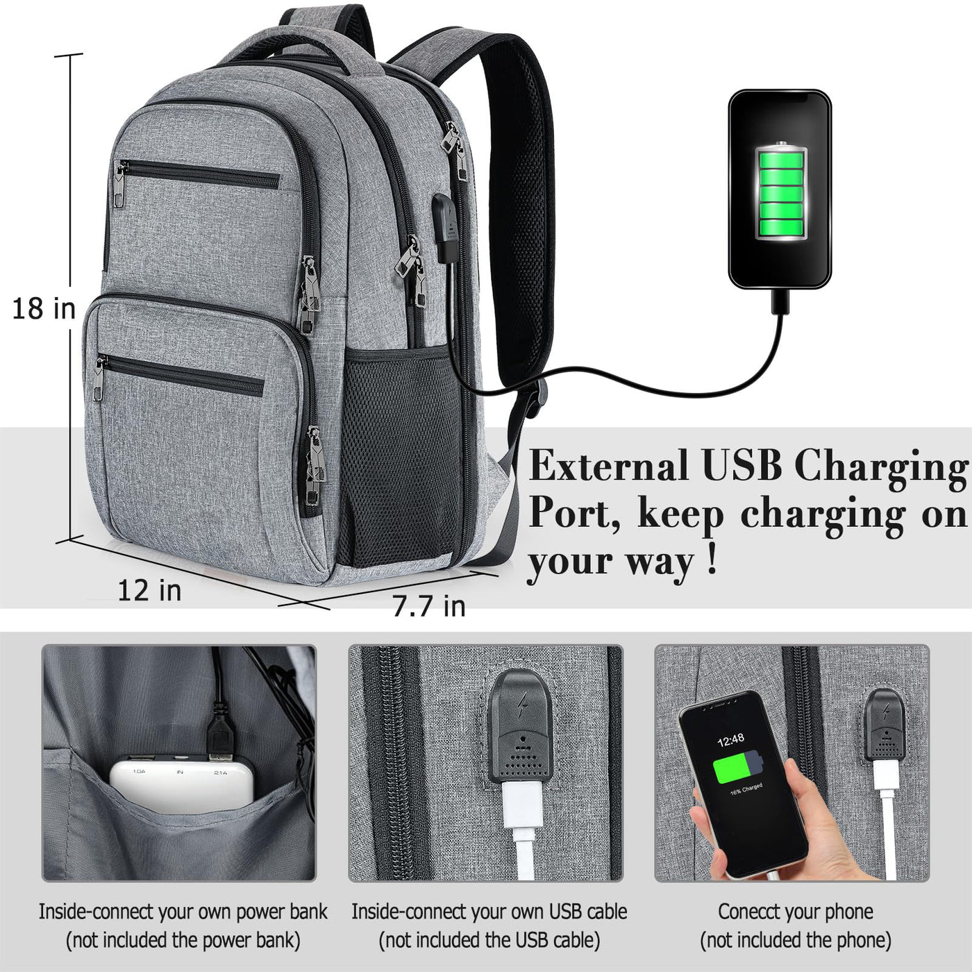 Backpack, School Backpack Waterproof Work Laptop with USB Charging Port, Travel Hiking Backpack