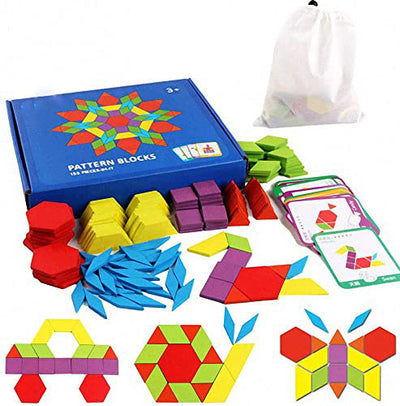 Children Geometric Shapes Wooden Puzzles - Toy puzzle with 155 geometric shapes and 24 design cards