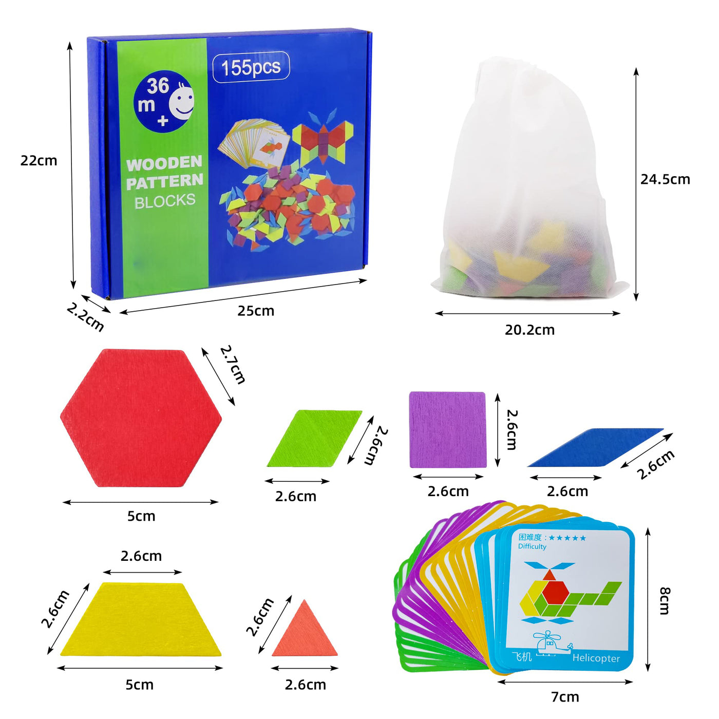 Kinder geometrische Formen Holzpuzzle, Stücke Bausteine Puzzle und 24 Design-Karten Geeignet