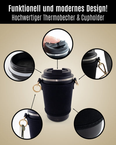 Cupholder Set - cup holder and thermal cup to hang around - neoprene cup holder with adjustable shoulder strap