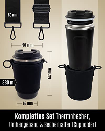 Ensemble porte-gobelets - Porte-gobelets et tasse thermique à accrocher - Porte-gobelets en néoprène avec bandoulière réglable - en noir - Noir 