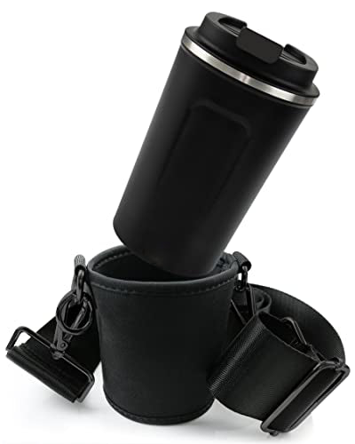 Ensemble porte-gobelets - Porte-gobelets et tasse thermique à accrocher - Porte-gobelets en néoprène avec bandoulière réglable - en noir - Noir 