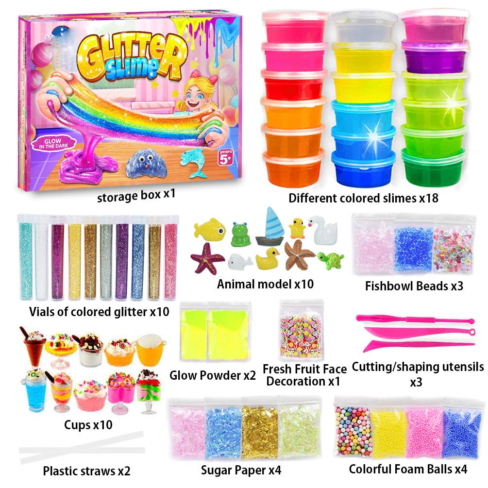 DIY Slime Kit Slime Set, Make Your Own Slime with 18 Colors Crystal Slime, Ultimate Glow in the Dark Powder, Glitter Powder and more for arts and crafts