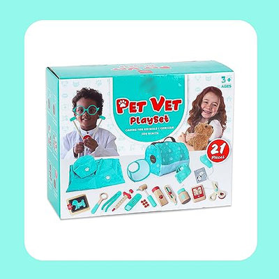 Doctor case kids wood, vet toy kids with dog model, doctor case kids with doctor coat and hat, vet case for kids role play