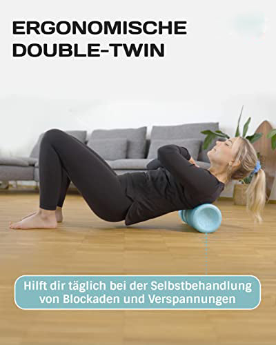 double-twin fascia roller with 4 ergonomic areas of action for neck, back, buttocks and legs. Deeply effective